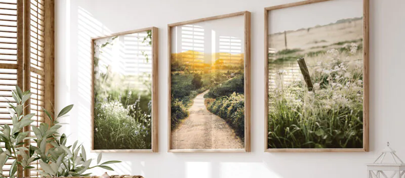 Kolm looduse stiilis postrit seinal koos puidust pildiraamidega
